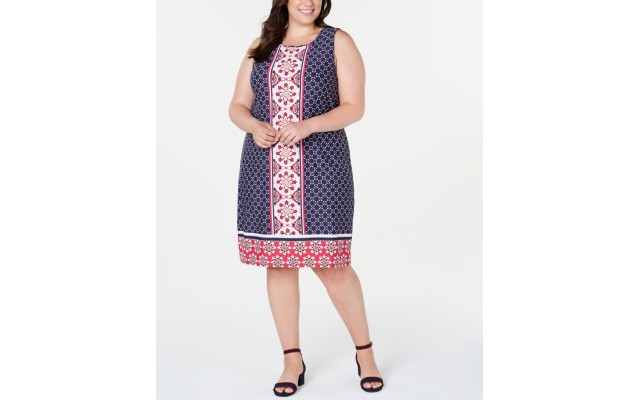  Womens Plus Printed Sleeveless Shift Dress, Dark Pink, 2X