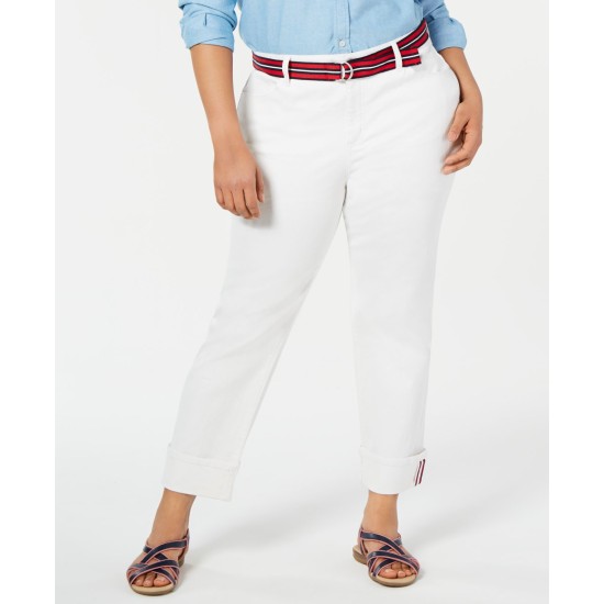  Women’s  Plus Size Belted Cuffed Jeans White 24W