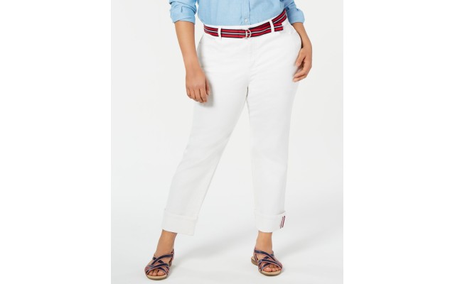  Women’s  Plus Size Belted Cuffed Jeans White 24W