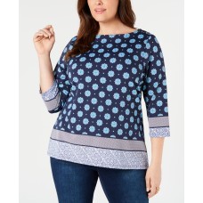 Charter Club Women’s  Plus Size Border-Print 3/4-Sleeve Top  Blue Size 4X