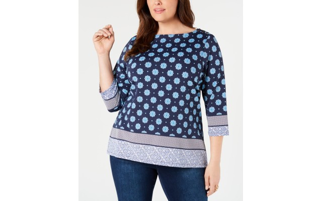  Women’s  Plus Size Border-Print 3/4-Sleeve Top  Blue Size 4X