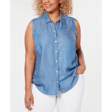 Charter Club Womens Plus Size Chambray Sleeveless Shirt
