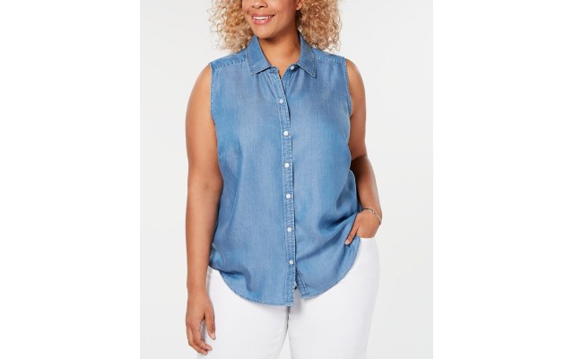  Womens Plus Size Chambray Sleeveless Shirt