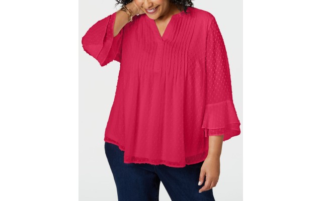  Women’s Plus Size Double-Ruffle Textured Pintuck Top Red 4x