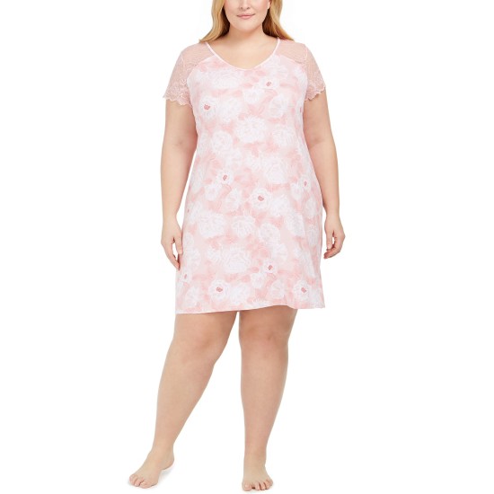  Women’s Plus Size Lace Sleeve Nightgown (Pink, 2X)