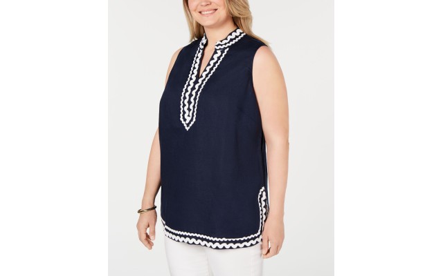  Women’s  Plus Size Woven Linen Sleeveless Top Blue Size 2X