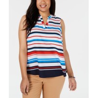 Charter Club Women's Red White Blue Striped V-Neck Shell Blouse, White, 0X