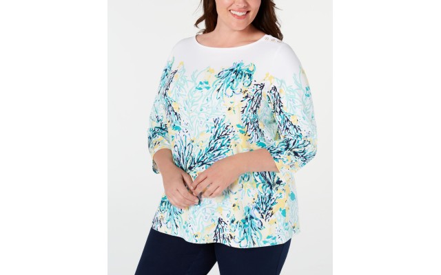  Womens White Knit Printed Pullover Top Shirt