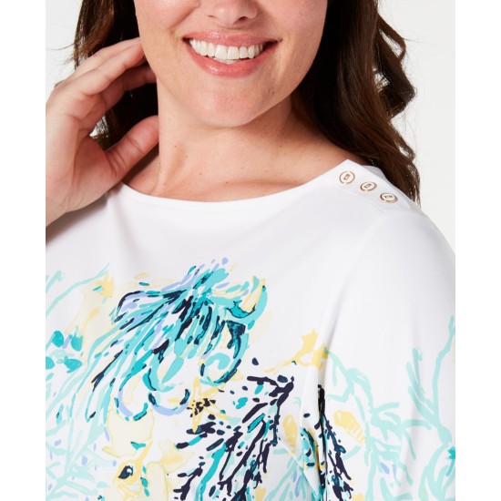  Womens White Knit Printed Pullover Top Shirt