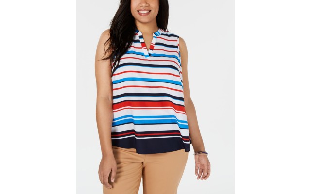  Womens White Striped V-neck Shell Blouse, White, 4X