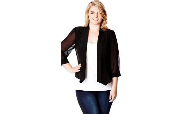  Plus Size Sheer-Sleeve Cropped Blazer Black Size 14W