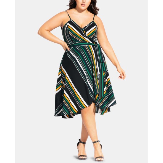  Plus Size Varsity-Stripe Wrap Dress,Black, Small/Petite