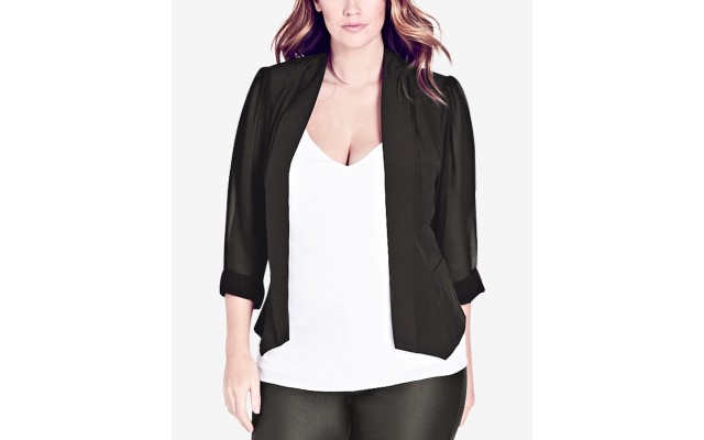  Trendy Plus Size Chiffon-Sleeve Blazer (Black, 16/S)