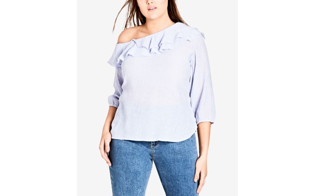  Trendy Plus Size Ruffled One-Shoulder Top Dark Blue, Blue Chambray, 20W