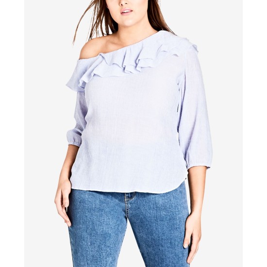  Trendy Plus Size Ruffled One-Shoulder Top Dark Blue, Blue Chambray, 24W
