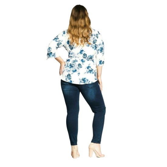  Womens Plus Size White Blue Floral Ruched V-neck Wrap Top (Natural, 22W)