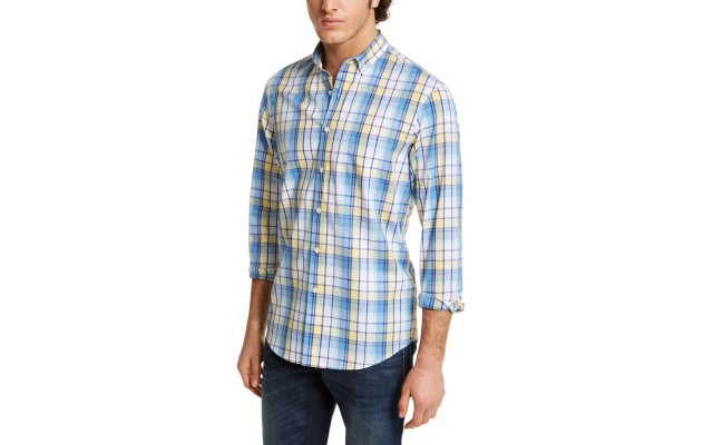  Men Plaid Shirts, Yellow, X-Large