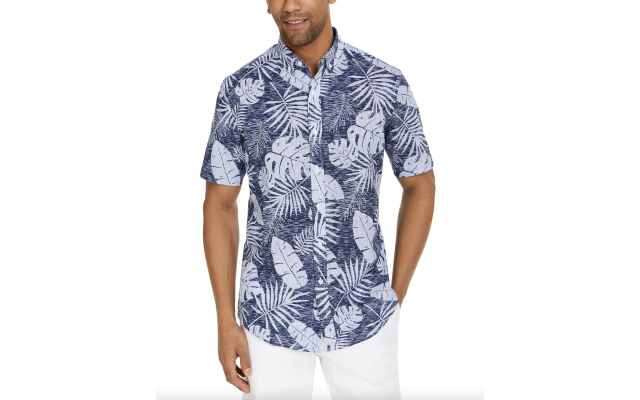  Men's Brody Leaf Tropical Print Short Sleeve Shirt, Navy, Medium