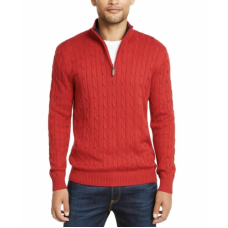 Club Room Men’s Cable Knit Quarter-Zip Cotton Sweater (Red, M)