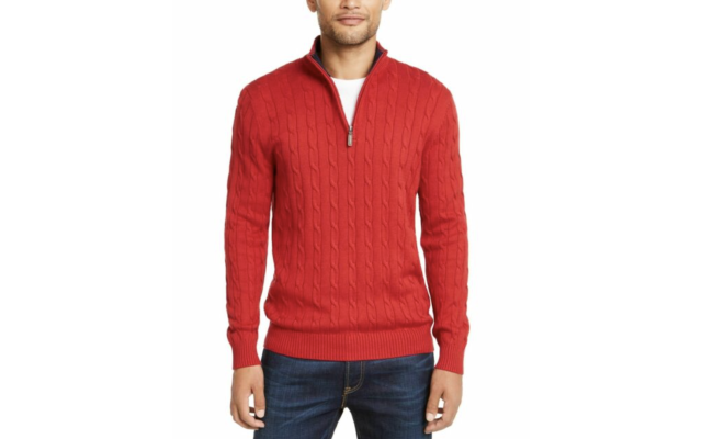  Men’s Cable Knit Quarter-Zip Cotton Sweater (Red, M)