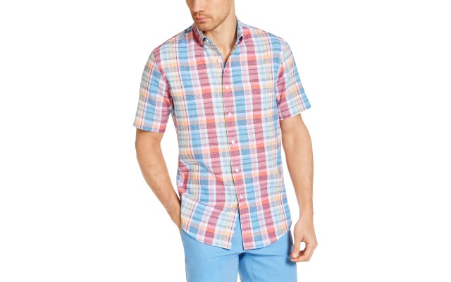  Men's Calder Check Short Sleeve Shirt, Navy, Medium