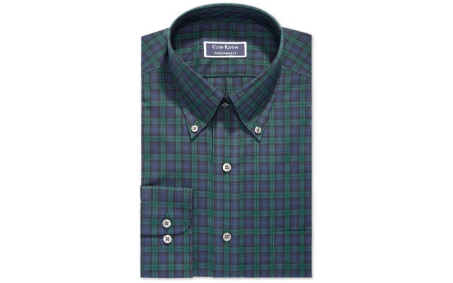  Men’s Classic/Regular Fit Stretch Plaid Button Down Collar Dress Shirts, White/Green, 18X34-35