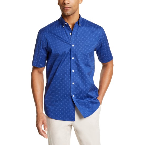  Men's Dot-Print Stretch Cotton Shirt, Dark Blue, Large