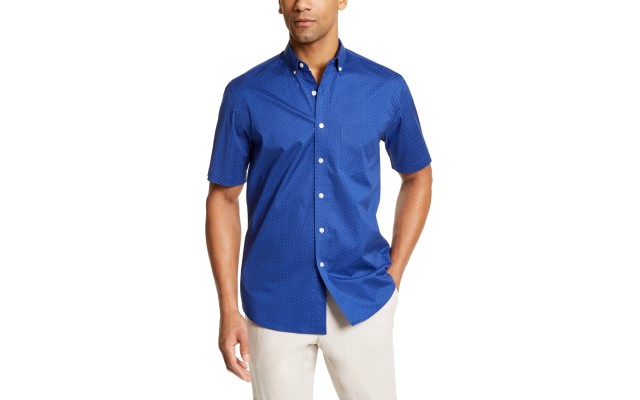  Men's Dot-Print Stretch Cotton Shirt, Dark Blue, Medium