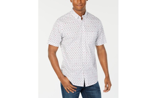  Men’s Flamingo Print Short Sleeve Shirts (White, L)