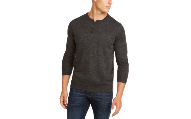  Men’s Henley Merino Wool Blend Sweater (Black, L)