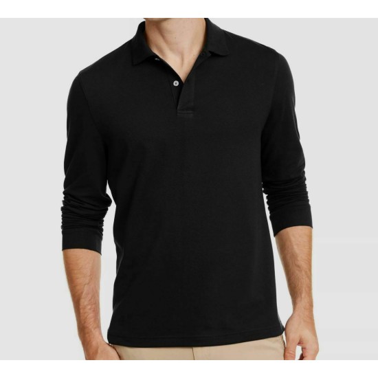  Men’s Long-Sleeve Heathered Polo Shirt, Black, Medium