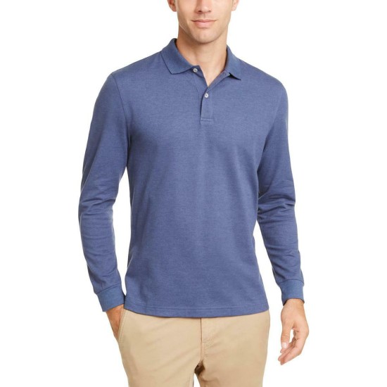  Men’s Long-Sleeve Heathered Polo Shirt, Blue Heather, Medium
