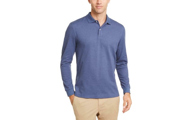  Men’s Long-Sleeve Heathered Polo Shirt, Blue Heather, Medium