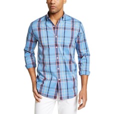Club Room Men’s Plaid Long Sleeve Button Down Shirt (Coastal Blue, M)
