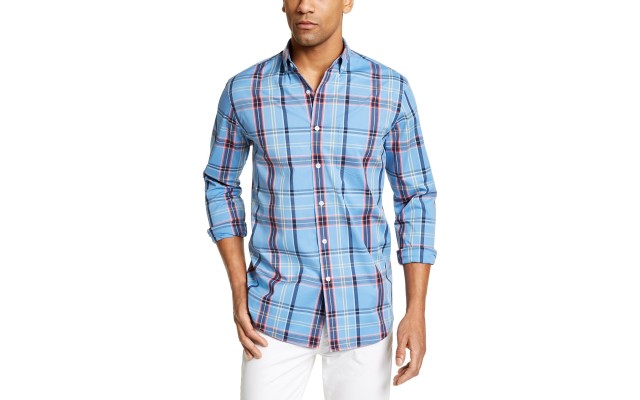  Men’s Plaid Long Sleeve Button Down Shirt (Coastal Blue, M)