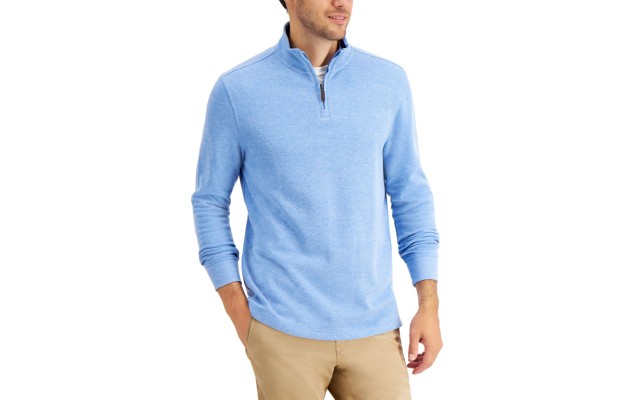 Men’s Quarter-Zip French Rib Pullover Sweater (Blue, Small)
