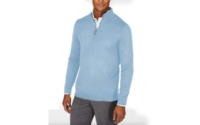  Men’s Quarter-Zip Merino Wool Blend Sweater (Blue, S)