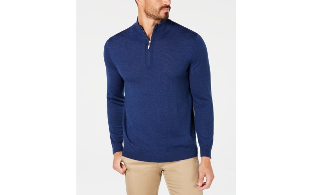  Men’s Quarter-Zip Merino Wool Blend Sweater (Dark Blue, Medium)