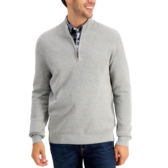  Men’s Quarter-Zip Textured Cotton Sweater (Gray, Small)