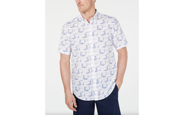  Men's Scenic Print Linen Shirt, White, X-Large