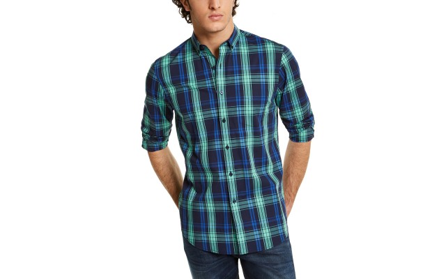  Mens Shirt Button Down Plaid Longsleeves, Green, Medium