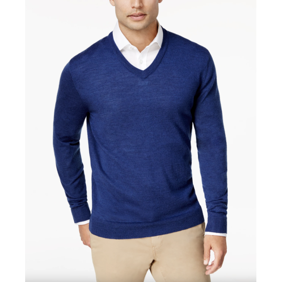 Club Room Men's Solid V-Neck Merino Wool Blend Sweater, Dark Blue, Large