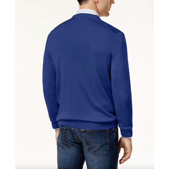 Club Room Men's Solid V-Neck Merino Wool Blend Sweater, Dark Blue, Large