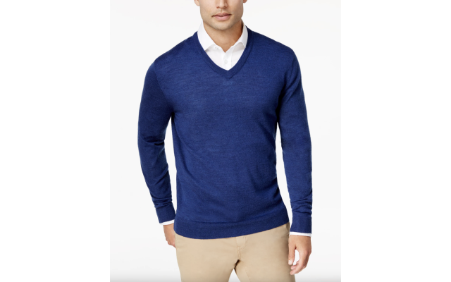 Club Room Men's Solid V-Neck Merino Wool Blend Sweater, Dark Blue, Medium