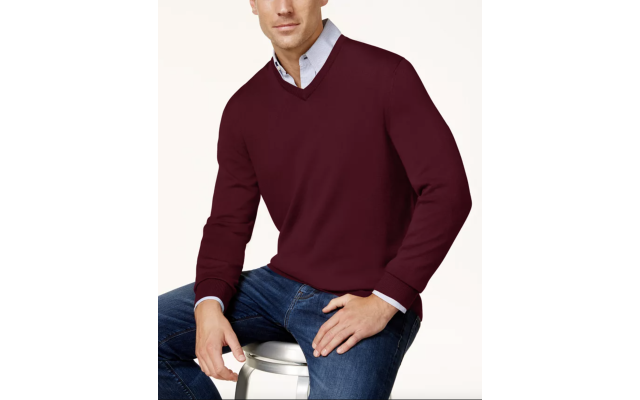 Club Room Men's Solid V-Neck Merino Wool Blend Sweater, wine, XX-Large