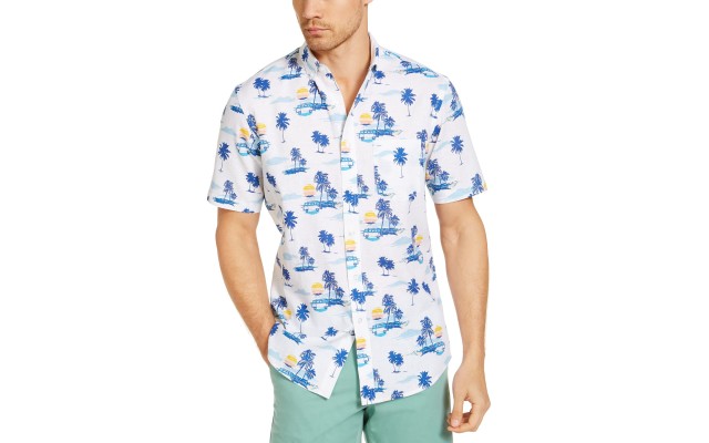  Men's Sunset Tropical Print Short Sleeve Shirt, White, Small