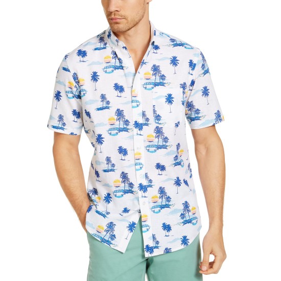  Men's Sunset Tropical Print Short Sleeve Shirt, White, X-Large