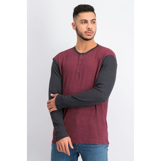  Mens Thermal Henley Shirt (Red Plum/Charcoal, Large)
