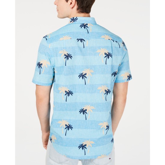  Men's Tropical Print Linen Shirt, Navy, Large