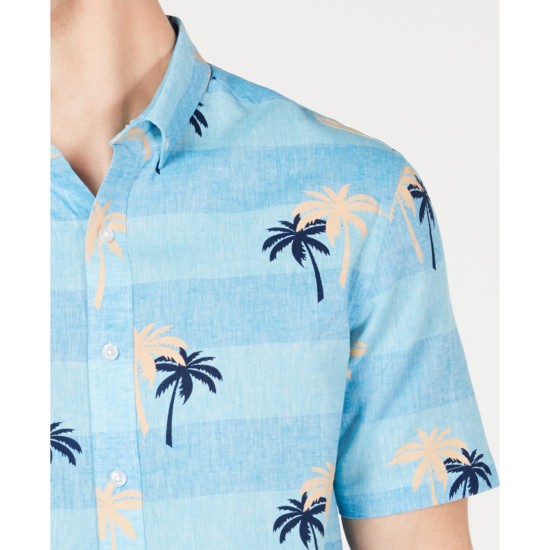  Men's Tropical Print Linen Shirt, Navy, Large